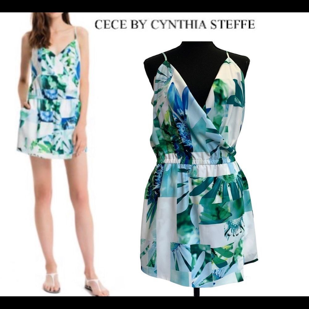 CECE by Cynthia Steffe tropical floral wrap romper blue green Sz 8 NWOT